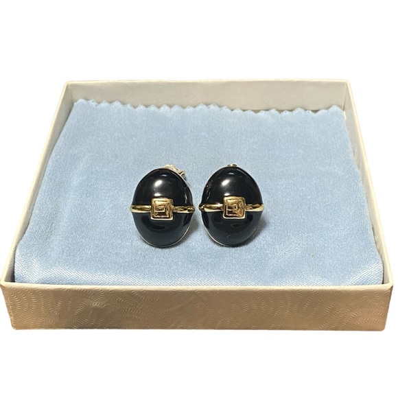 Vintage GIVENCHY SIGNED Logo Black Enamel & Gold Tone Clip-On Earrings - Picture 1 of 10